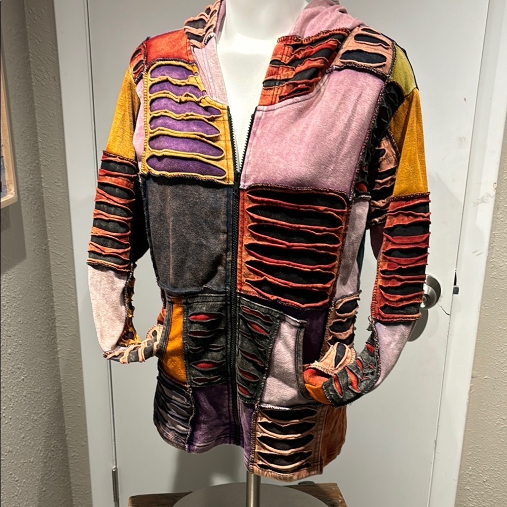 Vibrant Patchwork Hooded Jacket with Purple and Orange Accents - Picture 9 of 9